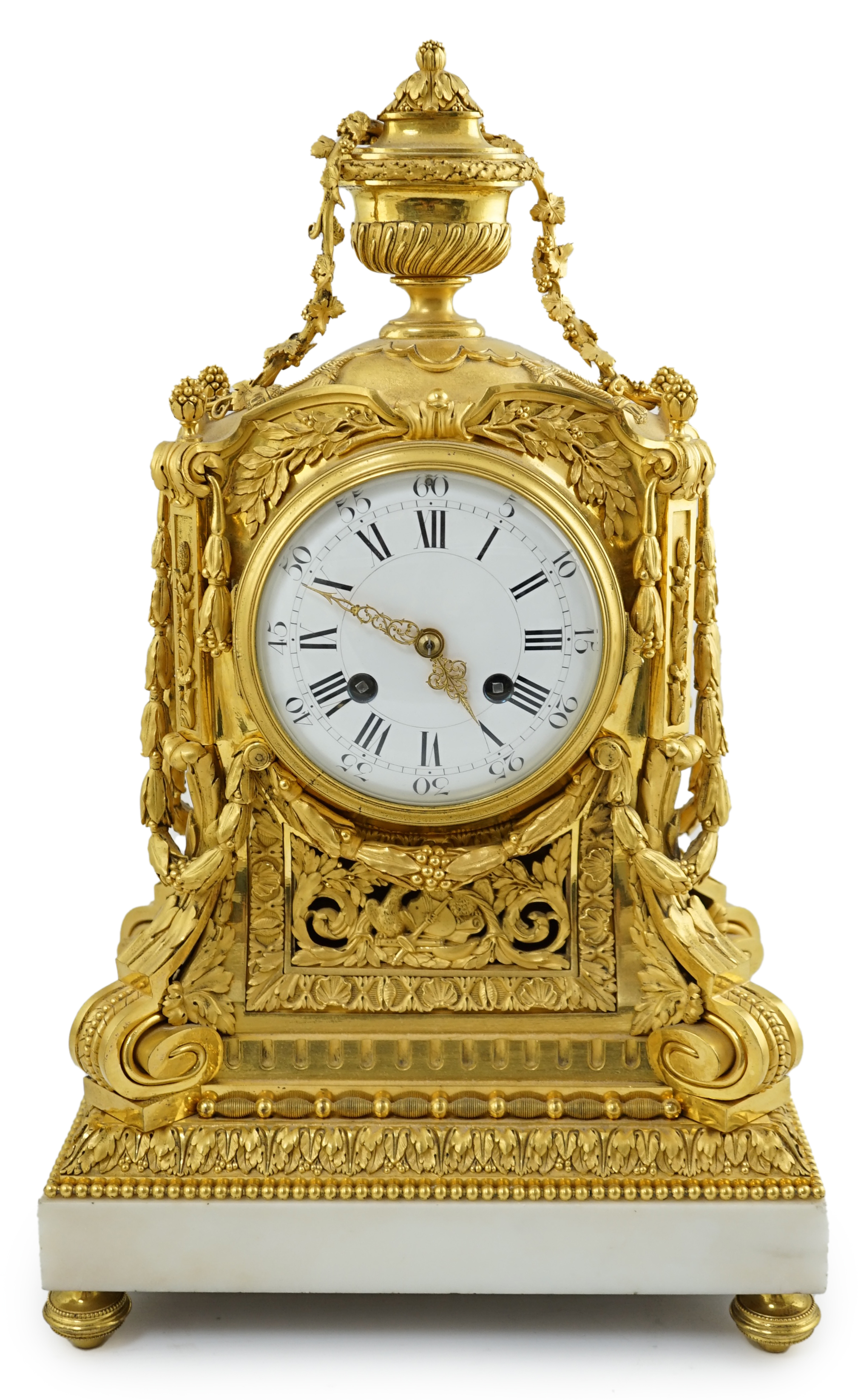 Roblin & Fils à Paris. A 19th century French Louis XV style ormolu and white marble mantel clock